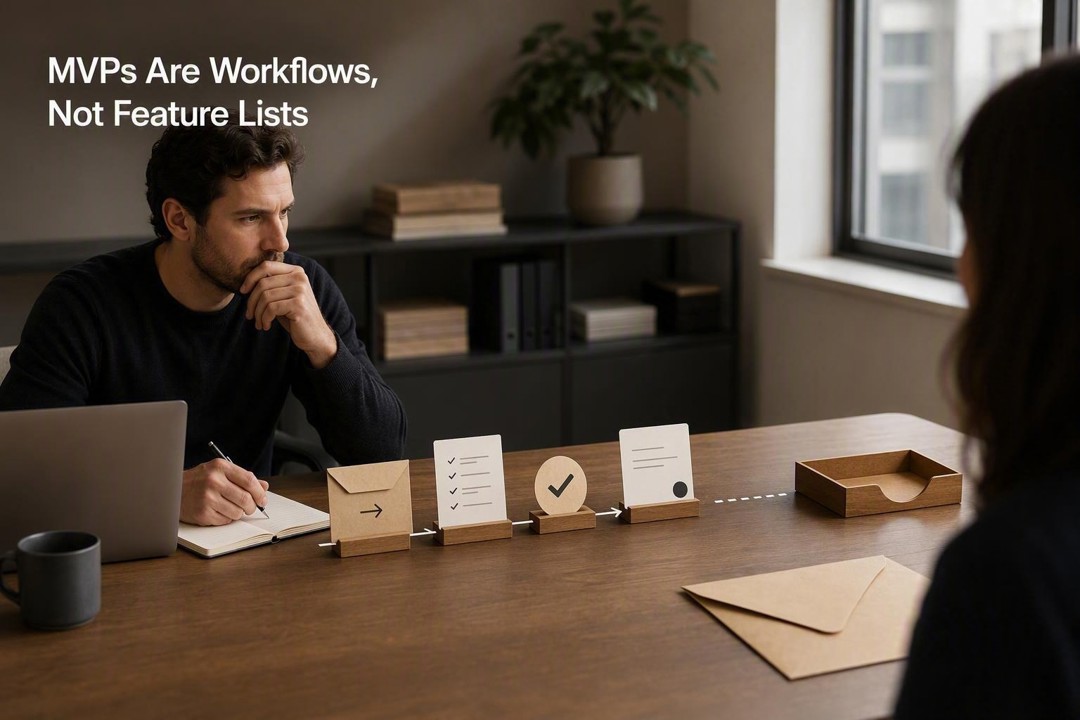 MVPs Are Workflows, Not Feature Lists. Two people at a table review a sequence of cards showing an envelope, checklist, check mark, document, and arrow to an empty inbox tray.