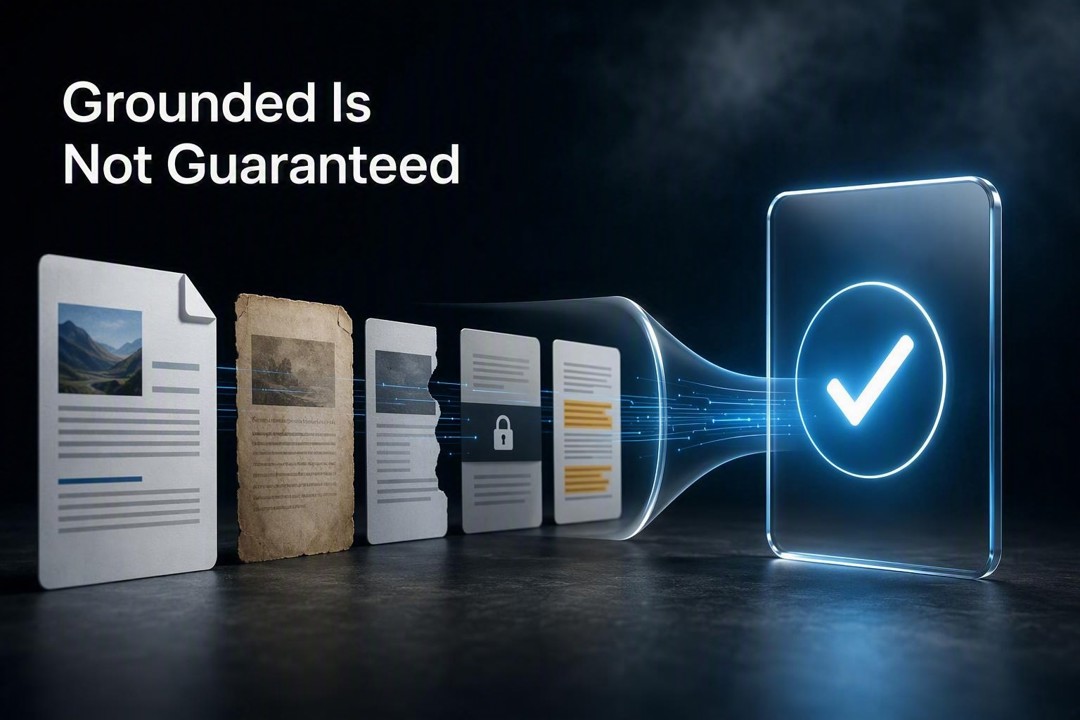 “Grounded Is Not Guaranteed” above documents feeding through a glowing funnel toward a glass panel with a check mark, contrasting retrieved sources with apparent validation.