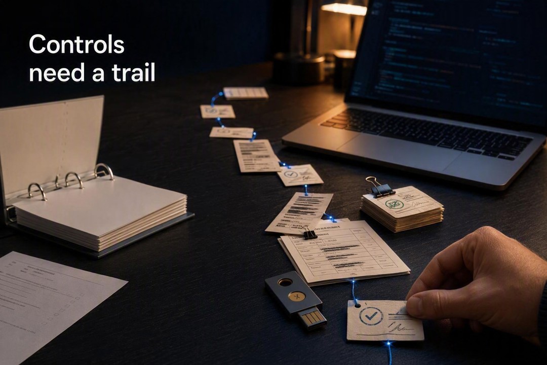 Controls need a trail. Warm-lit desk with a binder, laptop, linked records and checklists, and a hand placing a signed check card beside a USB security key.