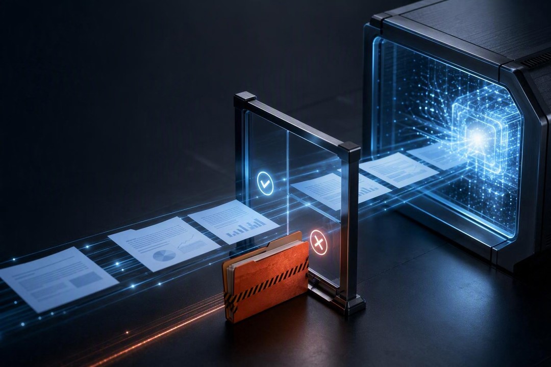 Futuristic security illustration of documents flowing from a computer toward a checkpoint gate, which allows some through while blocking a hazard-striped file folder.