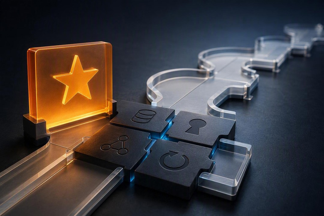 Dark 3D illustration of clear acrylic tracks with gaps branching around four black interlocking blocks, lit blue at the seams and embossed with connected-nodes, database, keyhole, and refresh icons. A separate glowing amber panel with a star stands at left.