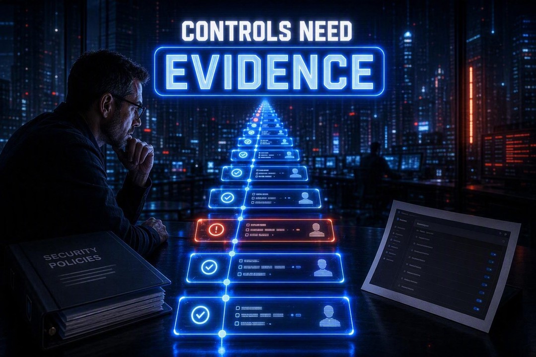 Server-room scene with “CONTROLS NEED EVIDENCE” above control-record cards, including a red exception card among blue checkmarked cards, as a man reviews them beside a “SECURITY POLICIES” binder.