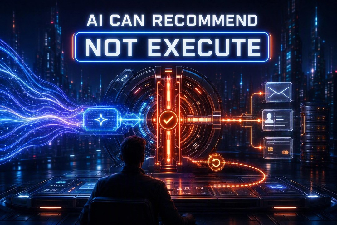 AI CAN RECOMMEND, NOT EXECUTE. A person at a control console faces a circular device separating blue input streams from orange connections to email, ID, payment, and server systems.