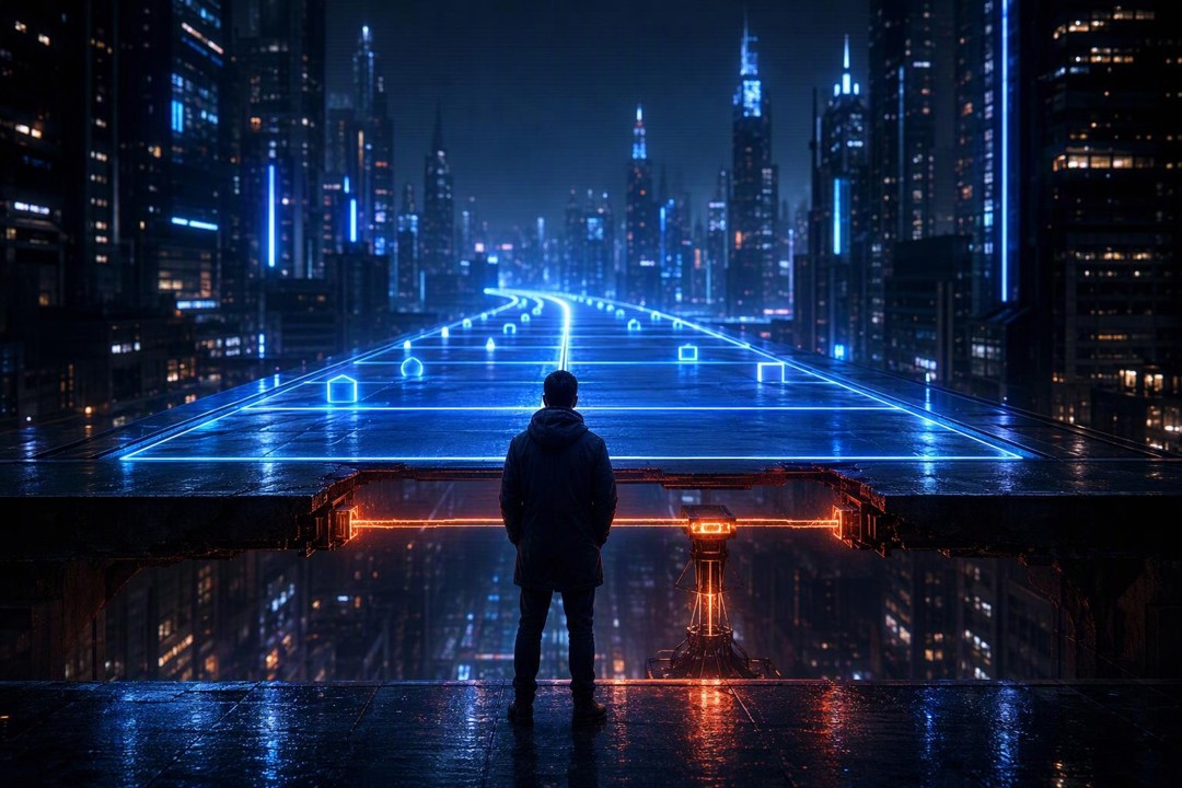 Lone hooded figure on a wet rooftop faces a glowing blue route through skyscrapers, above exposed metal beams and orange-red mechanical elements