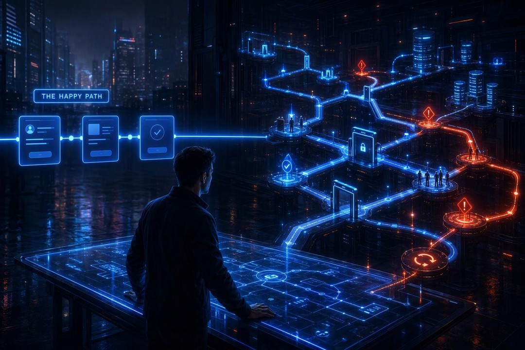 Futuristic blue-lit illustration of a man at a tabletop interface, with “THE HAPPY PATH” leading from three simple UI screens into a dense branching network of platforms, servers, gateways, warnings, and rerouting paths.
